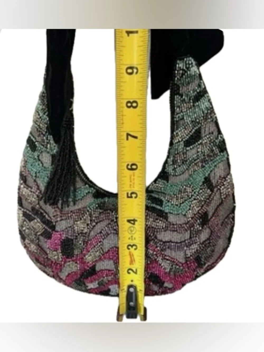 NWT Beaded Multicolor Crescent Shoulder Bag with Black Velvet Tie